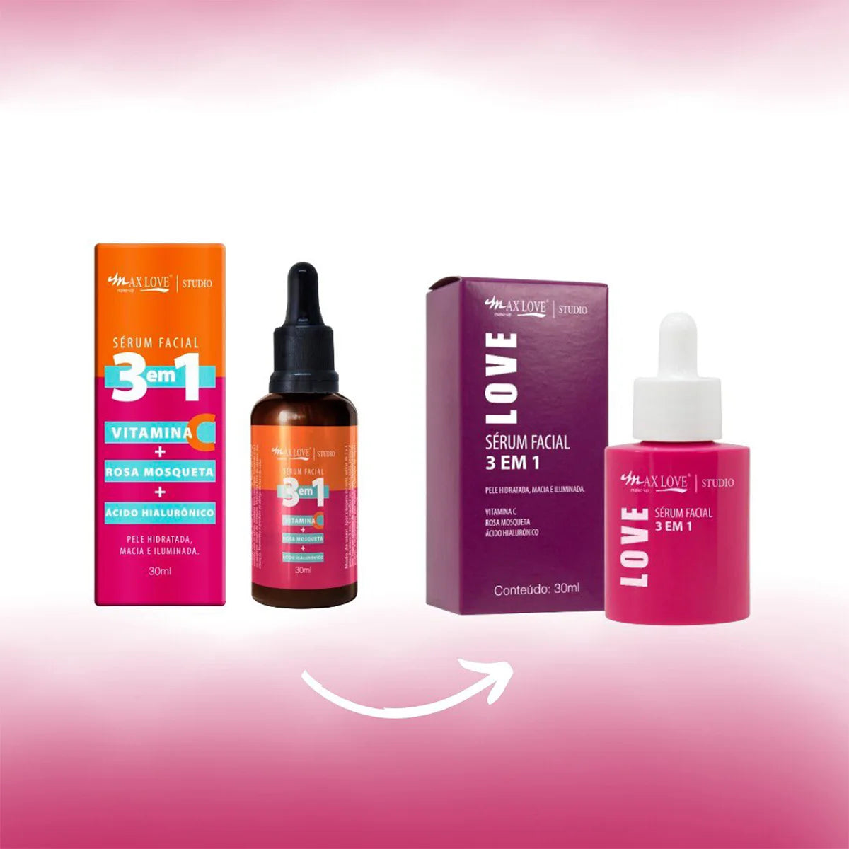 Sérum Facial 3 em 1 Vitamina C Rosa Mosqueta Ácido Hialurônico 30ml - Max Love