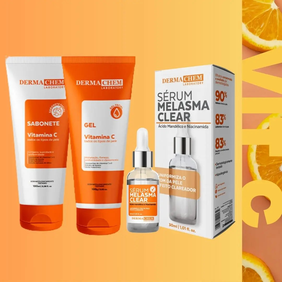 Kit 3 Skincare Vitamina C Clareador Dermachem - Sérum Melasma Clear Clareador / Gel Facial Anti-Idade / Sabonete Facial Vit C