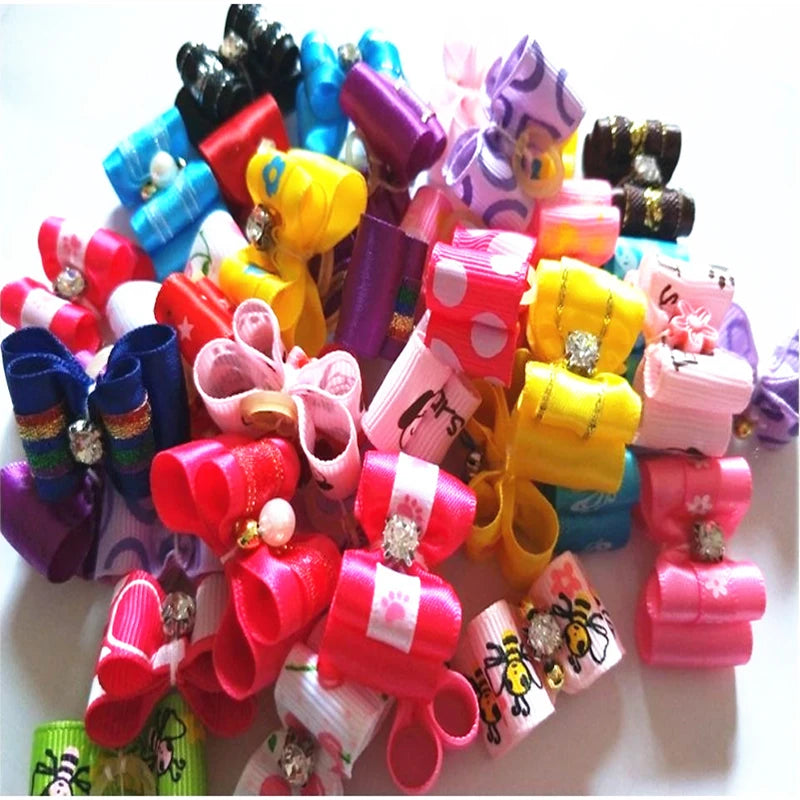 Bandas elásticas para animais de estimação, acessórios para o cabelo do cão, arcos de flores, decoração do gato, conjunto aleatório, 20 pcs, 50 pcs, 100pcs