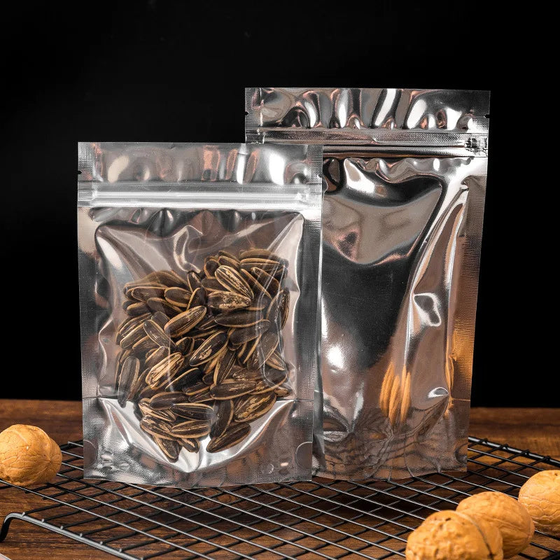 50 pçs embalagem de alimentos folha de alumínio levante-se saco de armazenamento em casa chá grãos de café suprimentos sacos ziplock com janela resealable