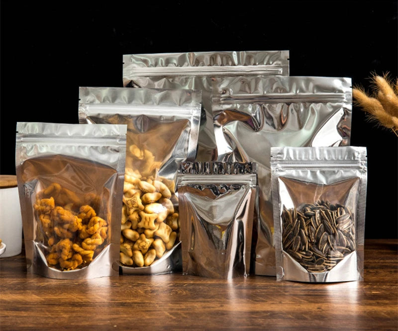 50 pçs embalagem de alimentos folha de alumínio levante-se saco de armazenamento em casa chá grãos de café suprimentos sacos ziplock com janela resealable