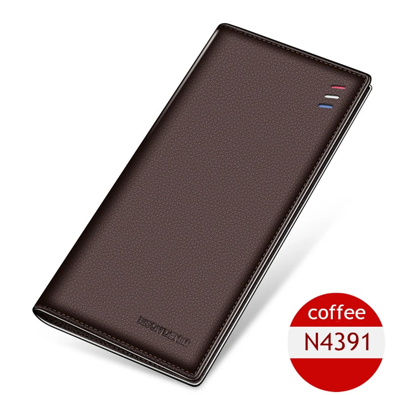 BISON DENIM-Carteira longa de couro genuíno masculina, suporte de cartão fino macio, marca de luxo, bolsa masculina, negócio