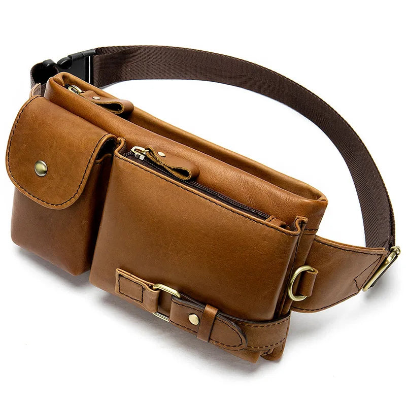 WESTAL-Bolsa de cintura de couro genuíno para homens, Fanny Pack, Belt Bag, Phone Bags, saco de cintura pequeno masculino