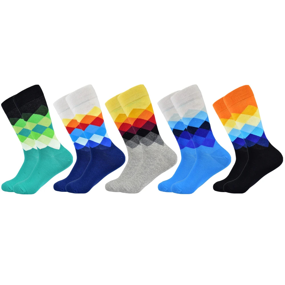 Meias masculinas padrão casual feliz meias de alta qualidade padrão diamante meias de algodão 10 cores casal terno masculino meias tamanhos grandes