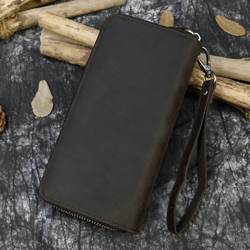 Retro crazy horse bolsa de couro para homens bolsa de embreagem duplo zíper 24 cartões embreagens vintage mulher couro genuíno carteira longa