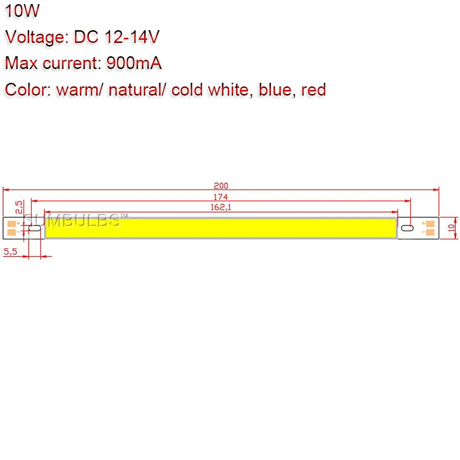 [Sumbulbs] 200x10MM 0422 10W LED Light COB Strip Lamp DC 12-14V 1000LM Verde Amarelo Vermelho Azul Branco Quente Branco Puro Bar Light