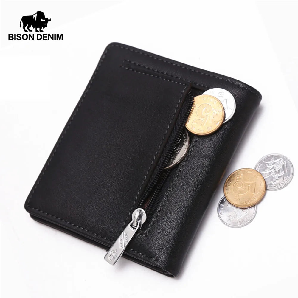 BISON DENIM-Carteira de couro genuíno masculina, mini carteira de bloqueio RFID, titular do cartão masculino, porta-moedas pequena com zíper, W9317, moda