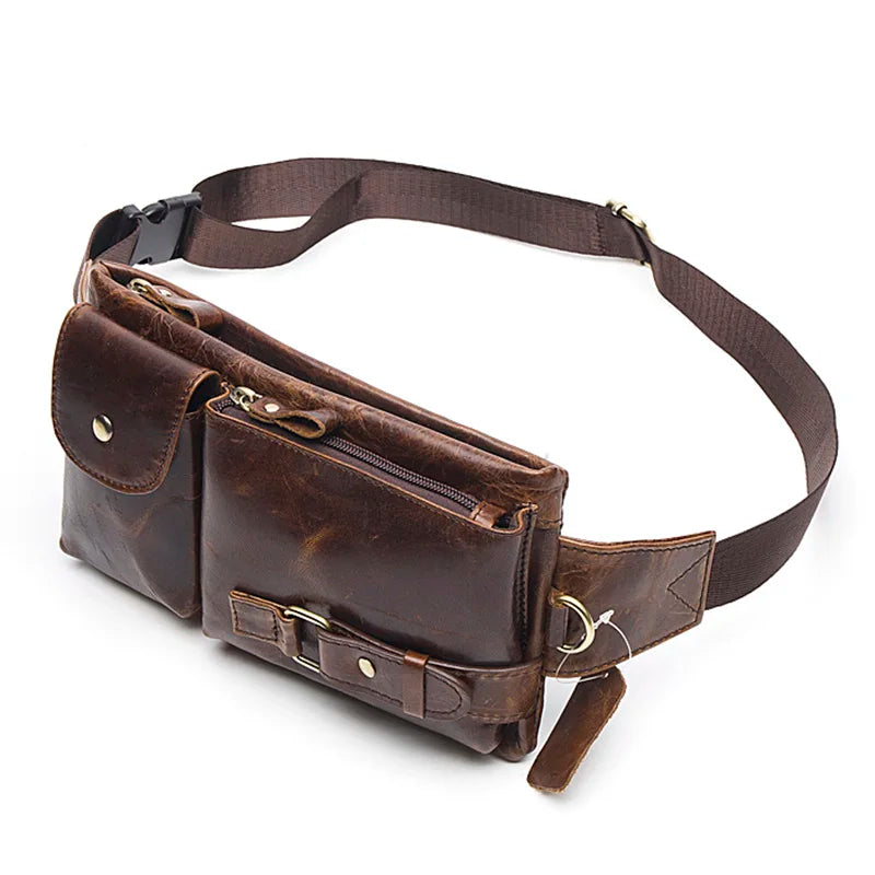 WESTAL-Bolsa de cintura de couro genuíno para homens, Fanny Pack, Belt Bag, Phone Bags, saco de cintura pequeno masculino