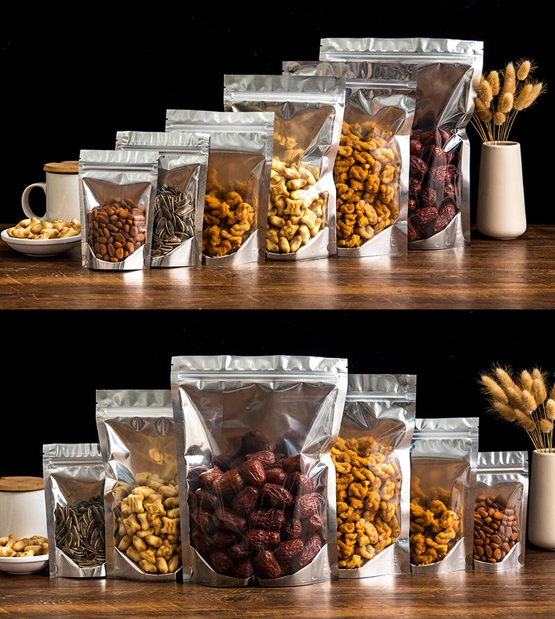 50 pçs embalagem de alimentos folha de alumínio levante-se saco de armazenamento em casa chá grãos de café suprimentos sacos ziplock com janela resealable
