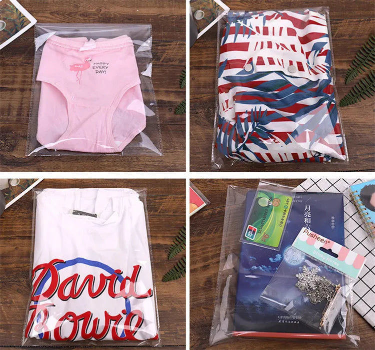 100PCS Sacos Adesivos Transparentes OPP de 20~55cm de Largura para Embalagem de Roupas, Calçados, Camisetas, Meias, Roupas Íntimas, Brinquedos, Livros e Presentes