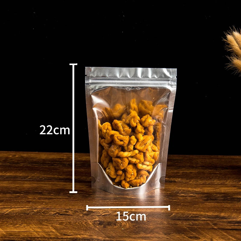 50 pçs embalagem de alimentos folha de alumínio levante-se saco de armazenamento em casa chá grãos de café suprimentos sacos ziplock com janela resealable