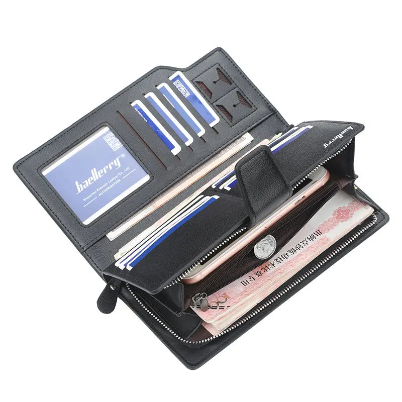 Baellery carteiras masculinas estilo longo titular do cartão de alta qualidade masculino bolsa com zíper grande capacidade marca carteira de couro do plutônio para homem