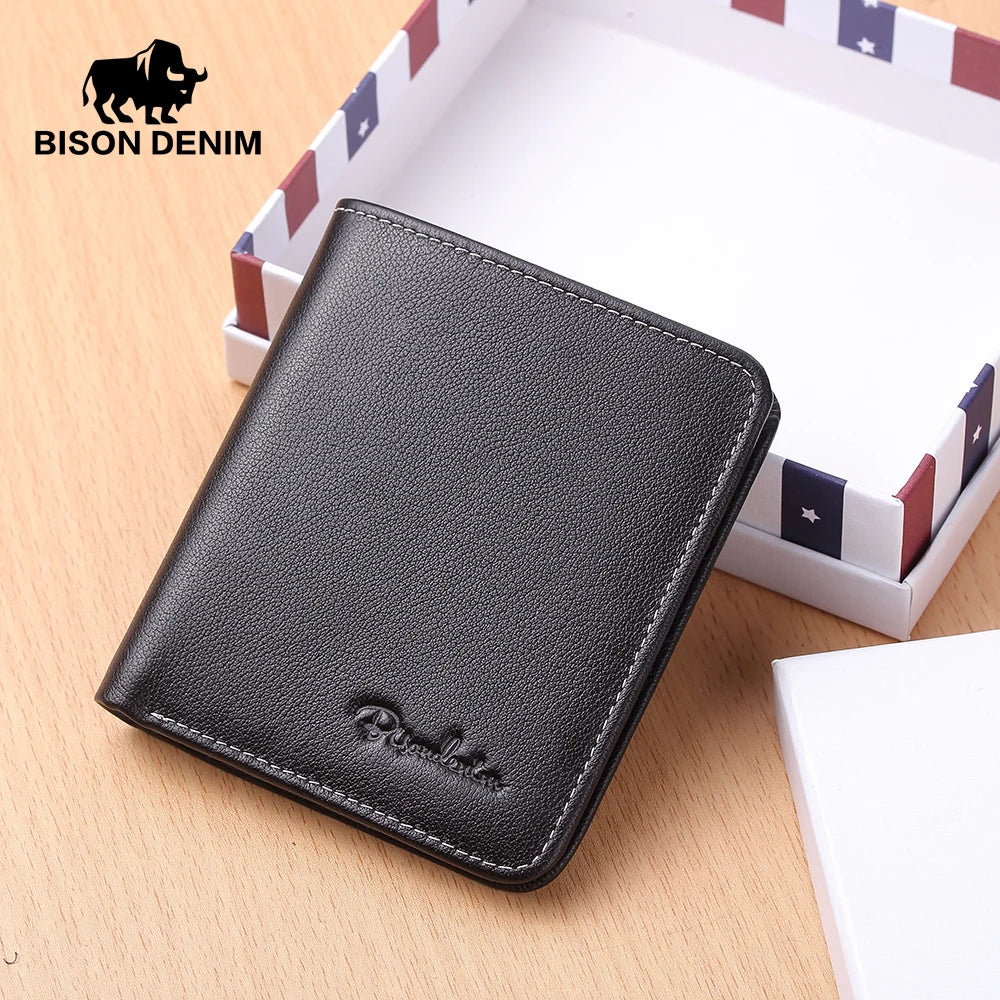 Bison denim carteiras masculinas preto bolsa de couro genuíno para homens titular do cartão de visita carteira masculina mini n4429