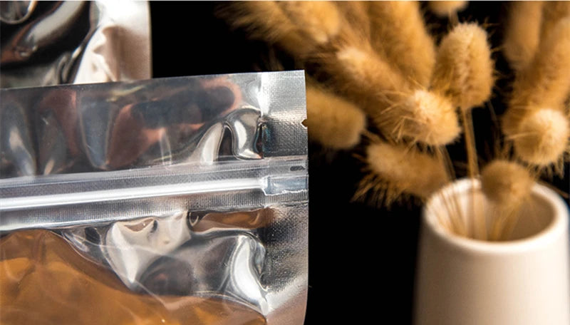 50 pçs embalagem de alimentos folha de alumínio levante-se saco de armazenamento em casa chá grãos de café suprimentos sacos ziplock com janela resealable