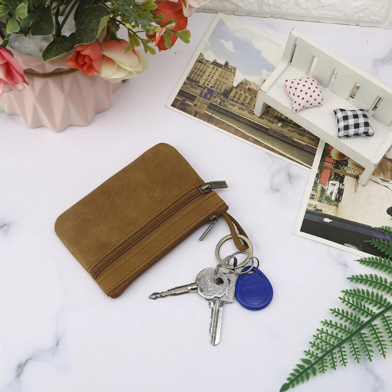 Thinkthendo bolsa de moedas feminina slim, de couro de vaca, bolsa de moedas com zíper nas extremidades porta-chaves