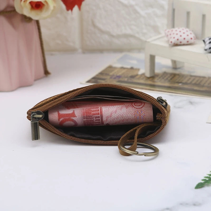 Thinkthendo bolsa de moedas feminina slim, de couro de vaca, bolsa de moedas com zíper nas extremidades porta-chaves