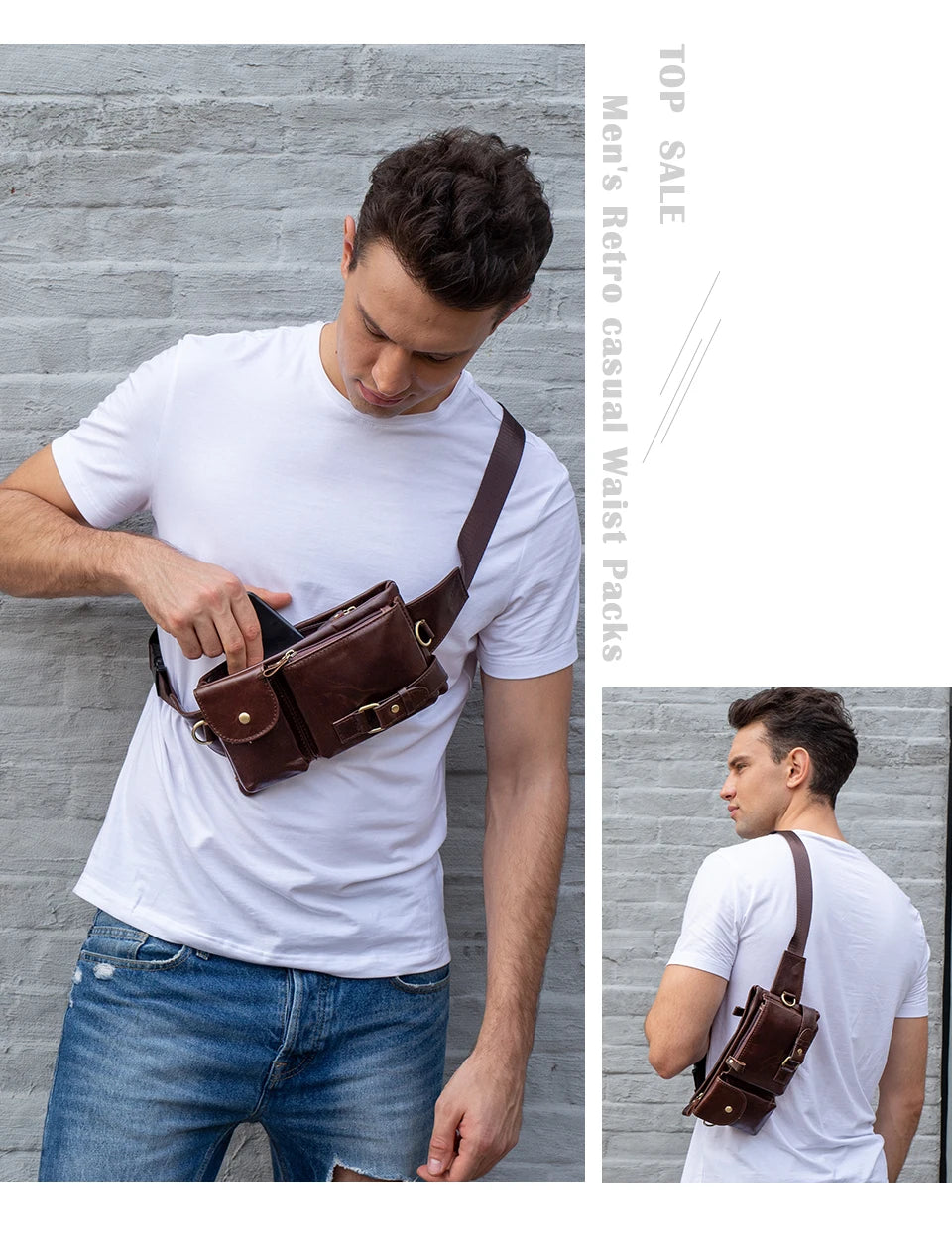 WESTAL-Bolsa de cintura de couro genuíno para homens, Fanny Pack, Belt Bag, Phone Bags, saco de cintura pequeno masculino
