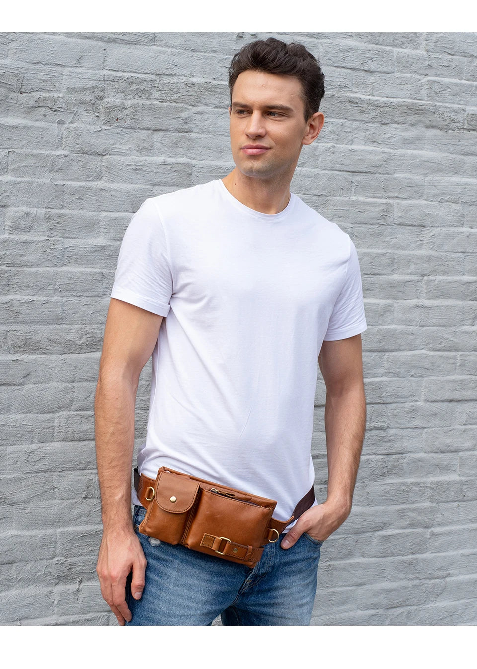 WESTAL-Bolsa de cintura de couro genuíno para homens, Fanny Pack, Belt Bag, Phone Bags, saco de cintura pequeno masculino