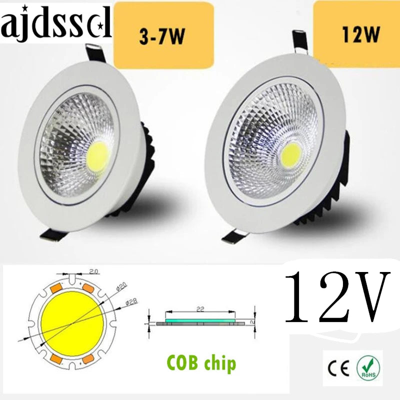 Luminária LED Embutida Super Brilhante, Spot LED Regulável COB 3W 5W 7W 12W, Luz Spot LED, Luminária de Teto para Decoração, AC/DC 12V