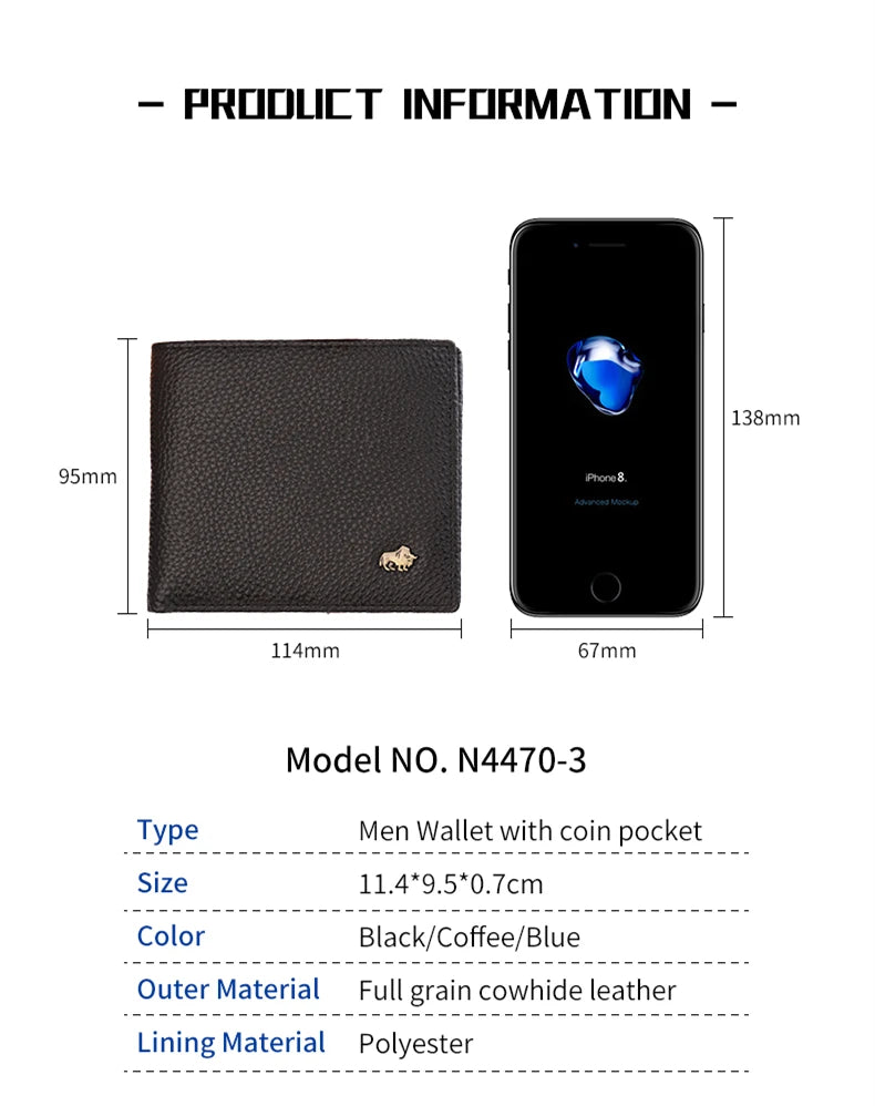 Bison denim homens carteiras de couro genuíno marca de luxo rfid bifold carteira zipper bolsa de moedas titular do cartão de visita carteira n4470