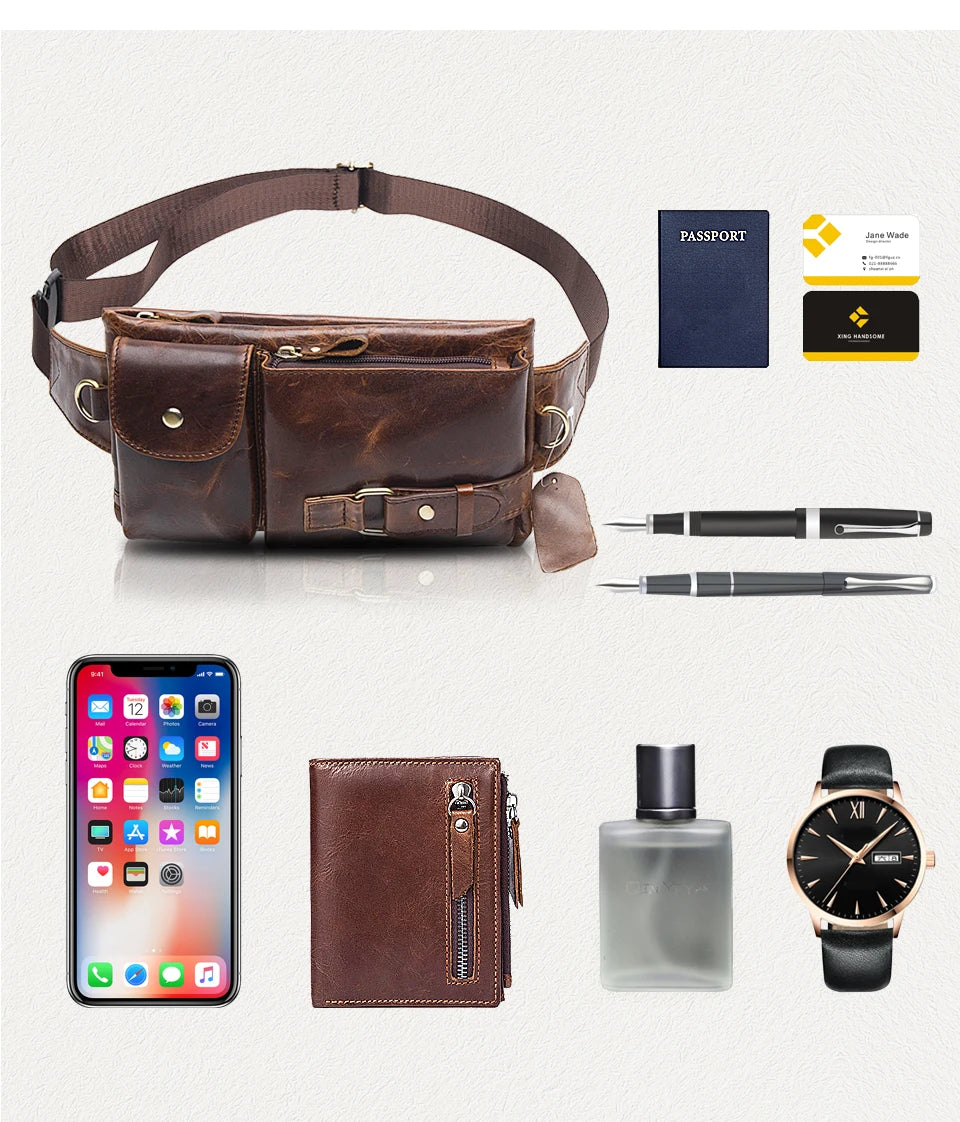 WESTAL-Bolsa de cintura de couro genuíno para homens, Fanny Pack, Belt Bag, Phone Bags, saco de cintura pequeno masculino