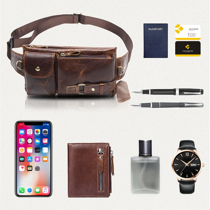 WESTAL-Bolsa de cintura de couro genuíno para homens, Fanny Pack, Belt Bag, Phone Bags, saco de cintura pequeno masculino