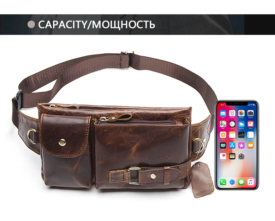 WESTAL-Bolsa de cintura de couro genuíno para homens, Fanny Pack, Belt Bag, Phone Bags, saco de cintura pequeno masculino