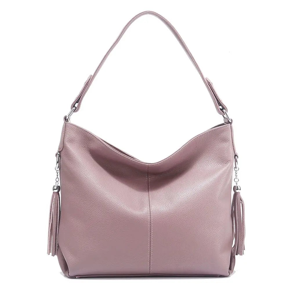 Zency 2026 Nova Moda Bolsa Feminina de Couro Genuíno Macio com Borla Elegante Bolsa Hobo de Ombro para Mulheres Bolsa Transversal Carteira Tiracolo
