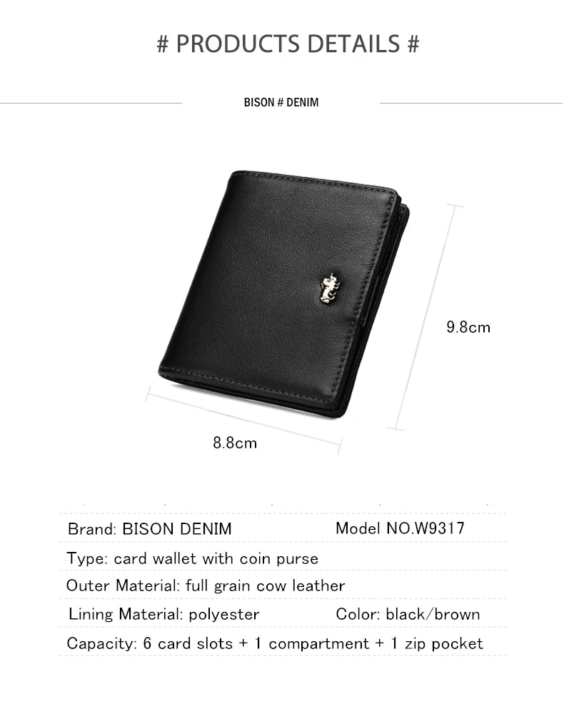 BISON DENIM-Carteira de couro genuíno masculina, mini carteira de bloqueio RFID, titular do cartão masculino, porta-moedas pequena com zíper, W9317, moda