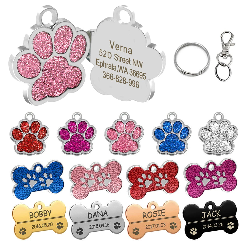 Etiquetas personalizadas para cães, gato, filhote de cachorro, identificação de animal de estimação, pingente de etiqueta, acessórios para animais de estimação, osso/pata, glitter