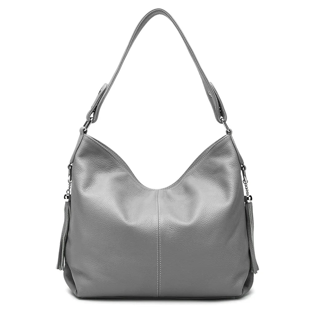 Zency 2026 Nova Moda Bolsa Feminina de Couro Genuíno Macio com Borla Elegante Bolsa Hobo de Ombro para Mulheres Bolsa Transversal Carteira Tiracolo