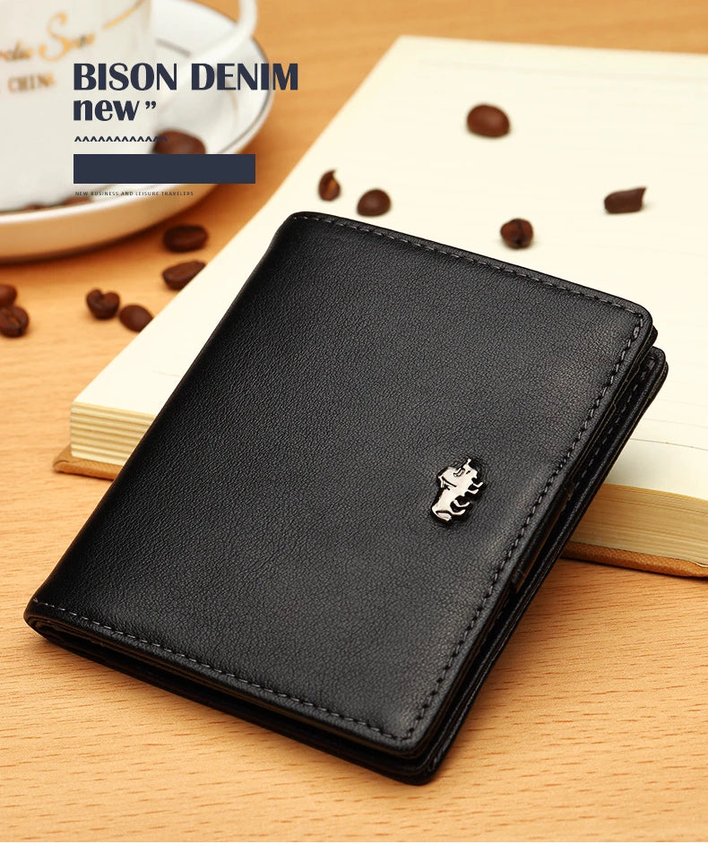 BISON DENIM-Carteira de couro genuíno masculina, mini carteira de bloqueio RFID, titular do cartão masculino, porta-moedas pequena com zíper, W9317, moda