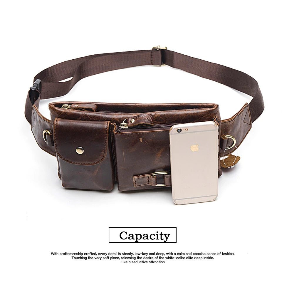 WESTAL-Bolsa de cintura de couro genuíno para homens, Fanny Pack, Belt Bag, Phone Bags, saco de cintura pequeno masculino