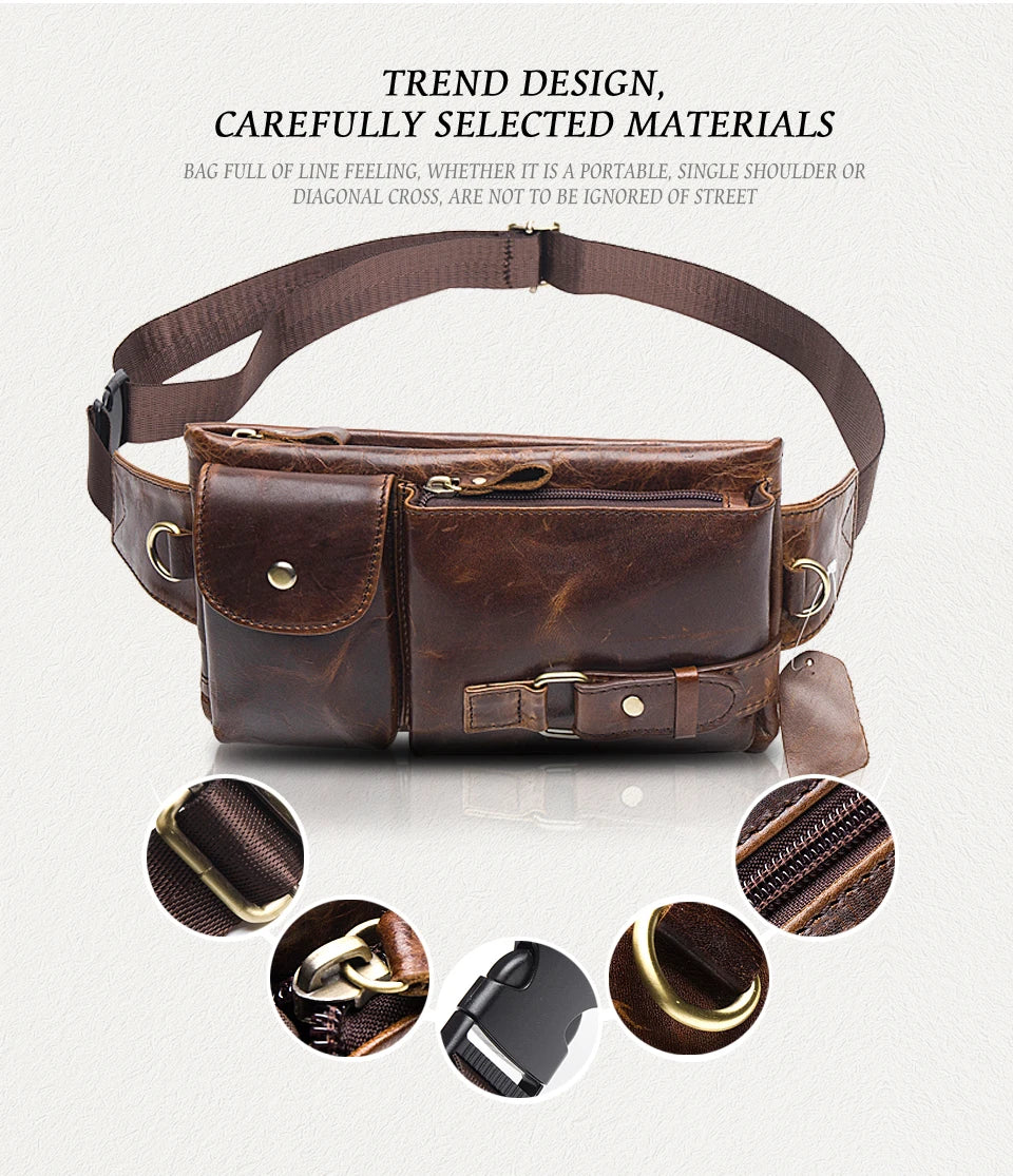 WESTAL-Bolsa de cintura de couro genuíno para homens, Fanny Pack, Belt Bag, Phone Bags, saco de cintura pequeno masculino