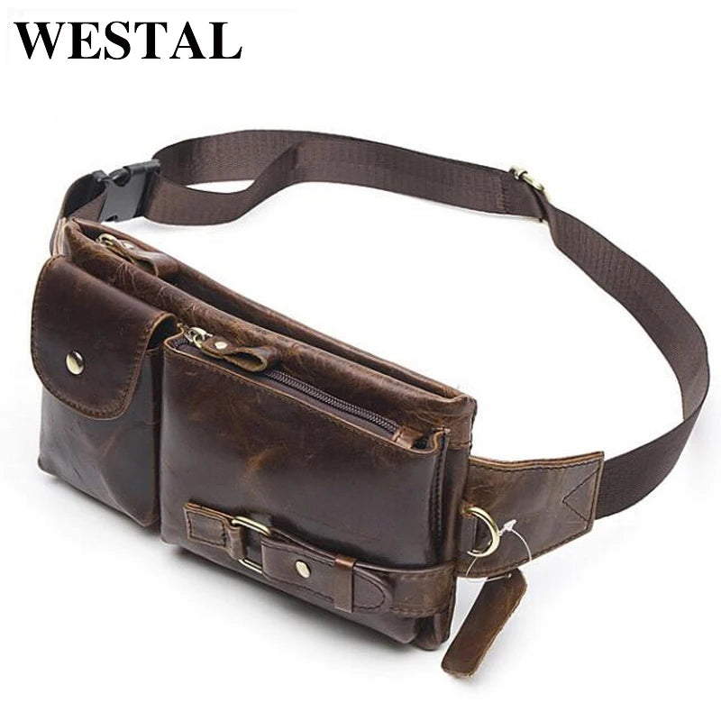 WESTAL-Bolsa de cintura de couro genuíno para homens, Fanny Pack, Belt Bag, Phone Bags, saco de cintura pequeno masculino