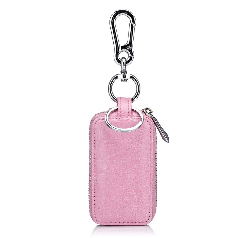 Couro de vaca genuíno casa chaves do carro saco duplo bolso zíper mini carteira terra amarelo titular chave das mulheres dos homens bolso transparente