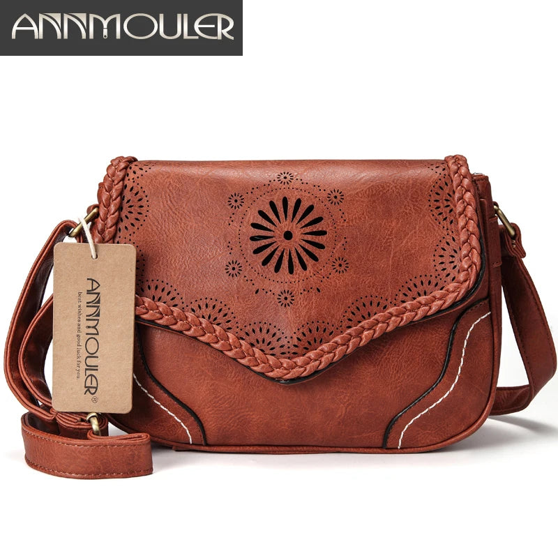 Annmouler marca feminina bolsa de ombro vintage couro do plutônio crossbody saco oco para fora senhoras bolsa marrom retro bolsa para meninas