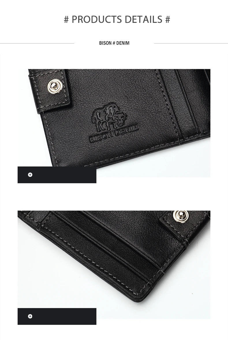BISON DENIM-Carteira de couro genuíno masculina, mini carteira de bloqueio RFID, titular do cartão masculino, porta-moedas pequena com zíper, W9317, moda