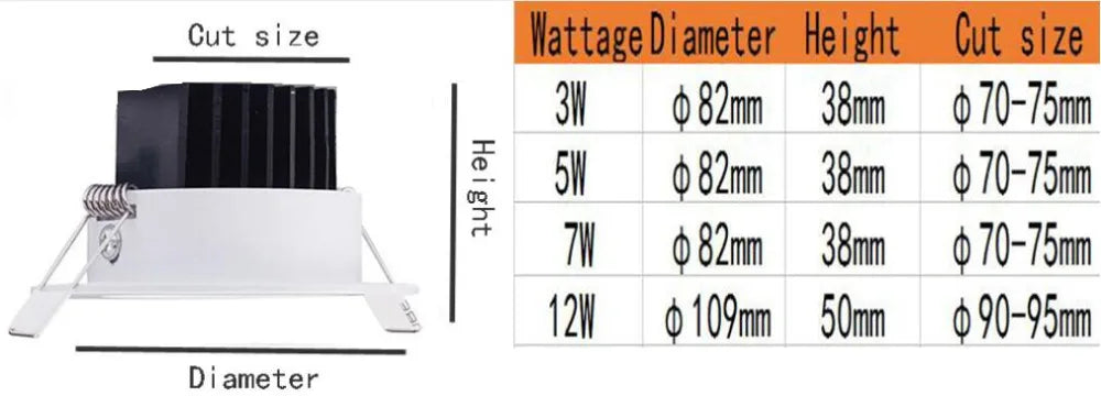 Luminária LED Embutida Super Brilhante, Spot LED Regulável COB 3W 5W 7W 12W, Luz Spot LED, Luminária de Teto para Decoração, AC/DC 12V