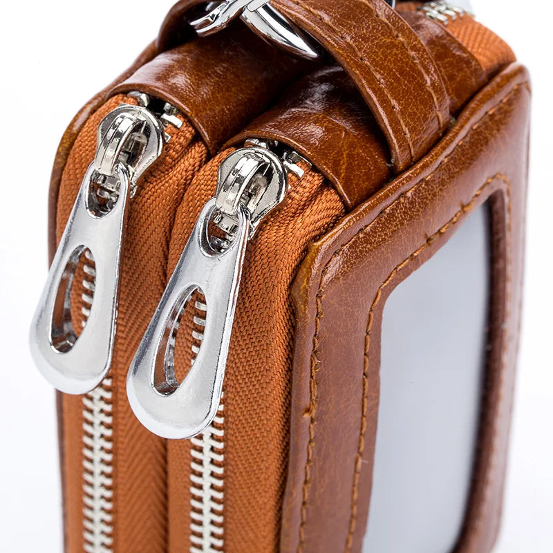 Couro de vaca genuíno casa chaves do carro saco duplo bolso zíper mini carteira terra amarelo titular chave das mulheres dos homens bolso transparente