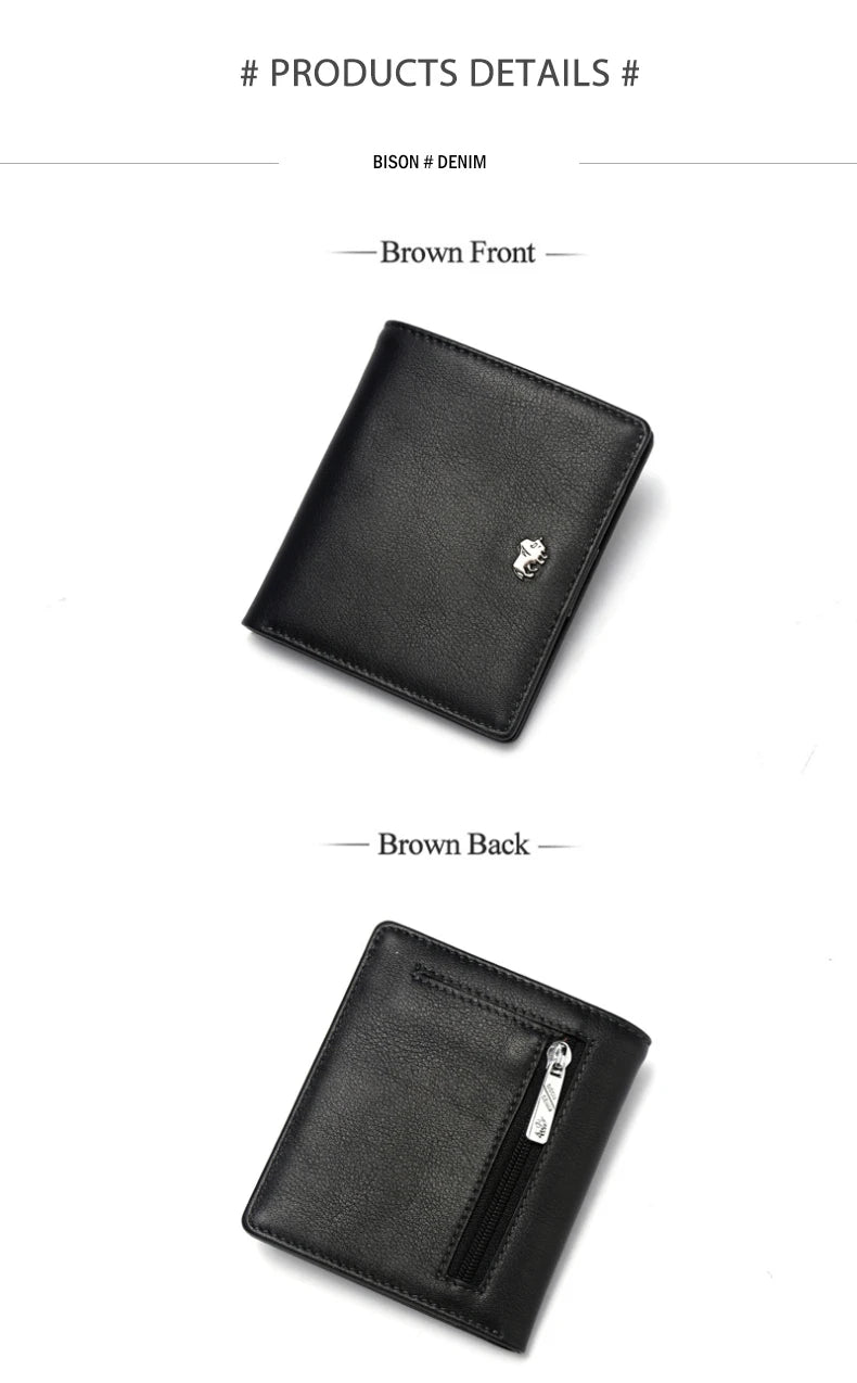 BISON DENIM-Carteira de couro genuíno masculina, mini carteira de bloqueio RFID, titular do cartão masculino, porta-moedas pequena com zíper, W9317, moda