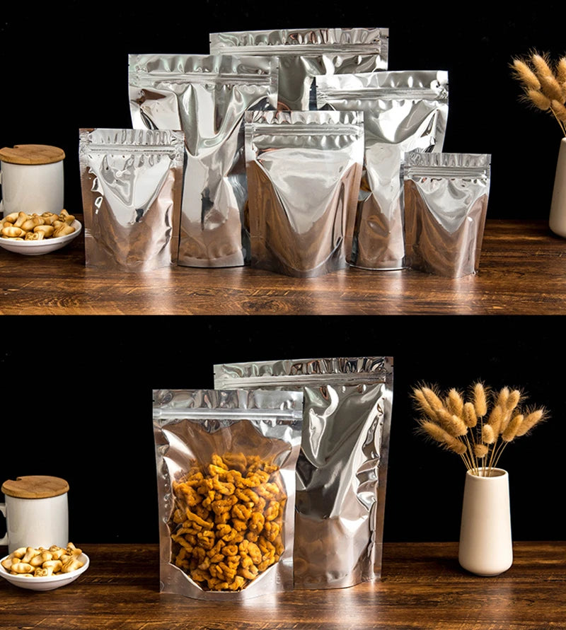 50 pçs embalagem de alimentos folha de alumínio levante-se saco de armazenamento em casa chá grãos de café suprimentos sacos ziplock com janela resealable