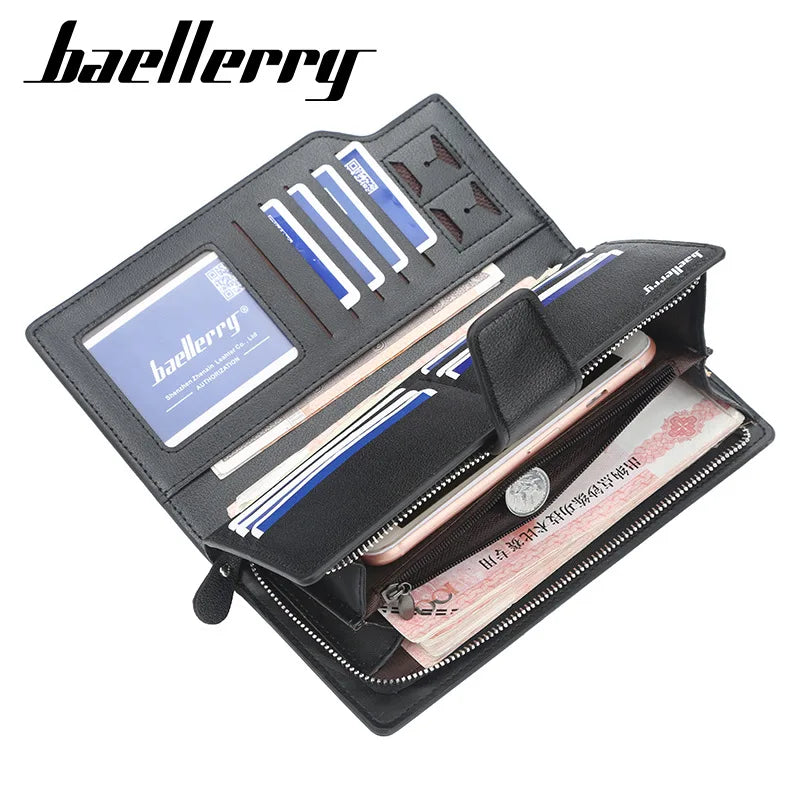 Baellery carteiras masculinas estilo longo titular do cartão de alta qualidade masculino bolsa com zíper grande capacidade marca carteira de couro do plutônio para homem