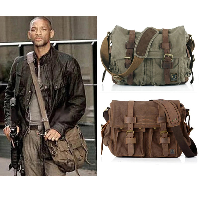 Eu sou lenda will smith lona + couro genuíno dos homens saco do mensageiro lona bolsa de ombro masculino crossbody saco estilingue saco casual mochila