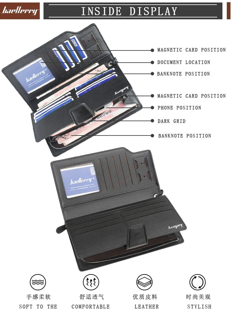 Baellery carteiras masculinas estilo longo titular do cartão de alta qualidade masculino bolsa com zíper grande capacidade marca carteira de couro do plutônio para homem