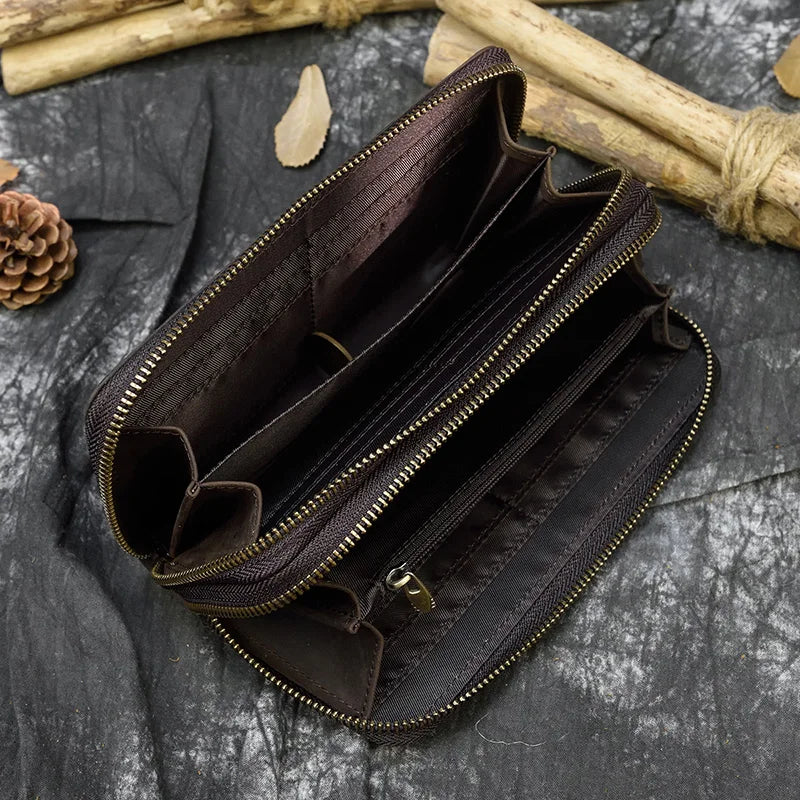 Retro crazy horse bolsa de couro para homens bolsa de embreagem duplo zíper 24 cartões embreagens vintage mulher couro genuíno carteira longa