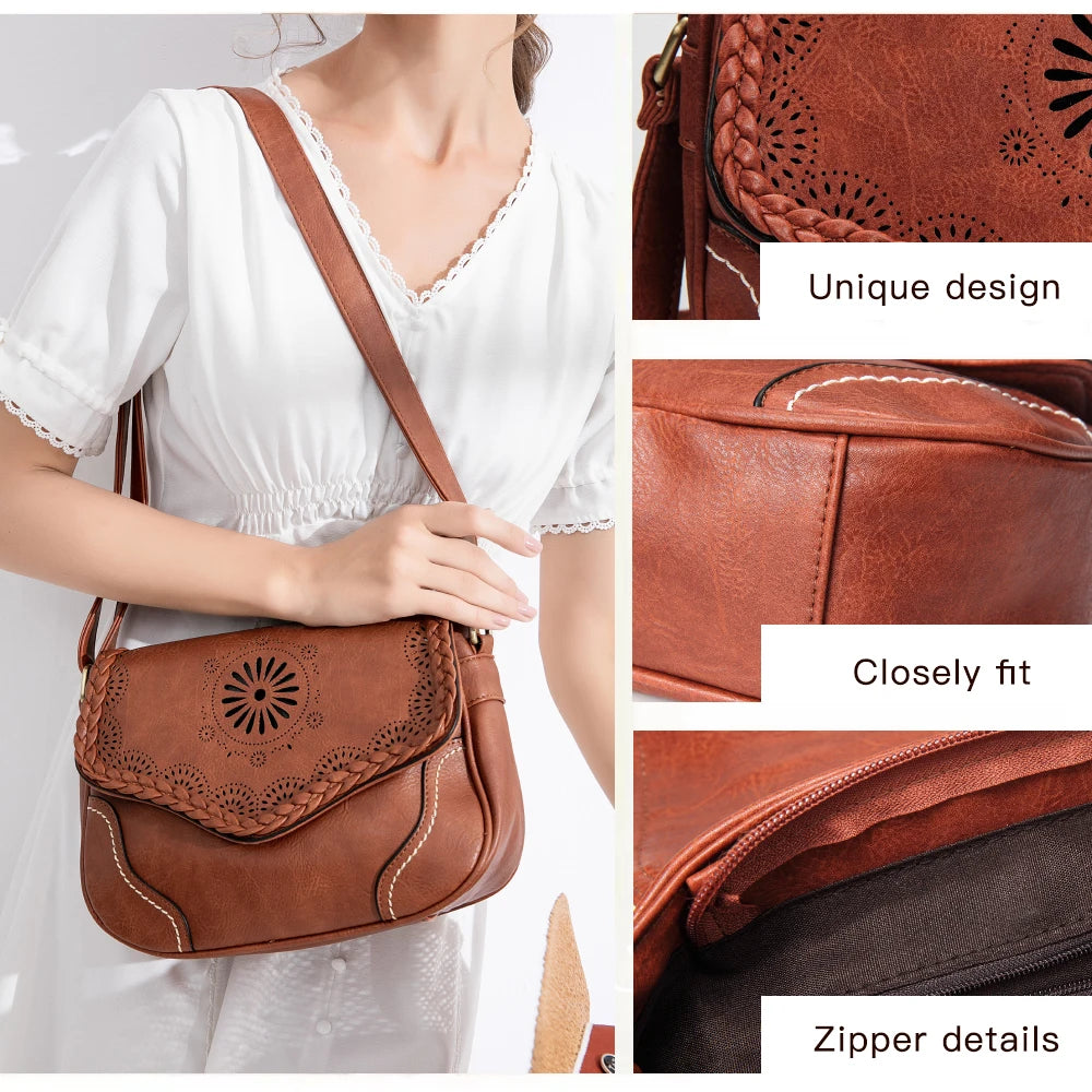 Annmouler marca feminina bolsa de ombro vintage couro do plutônio crossbody saco oco para fora senhoras bolsa marrom retro bolsa para meninas