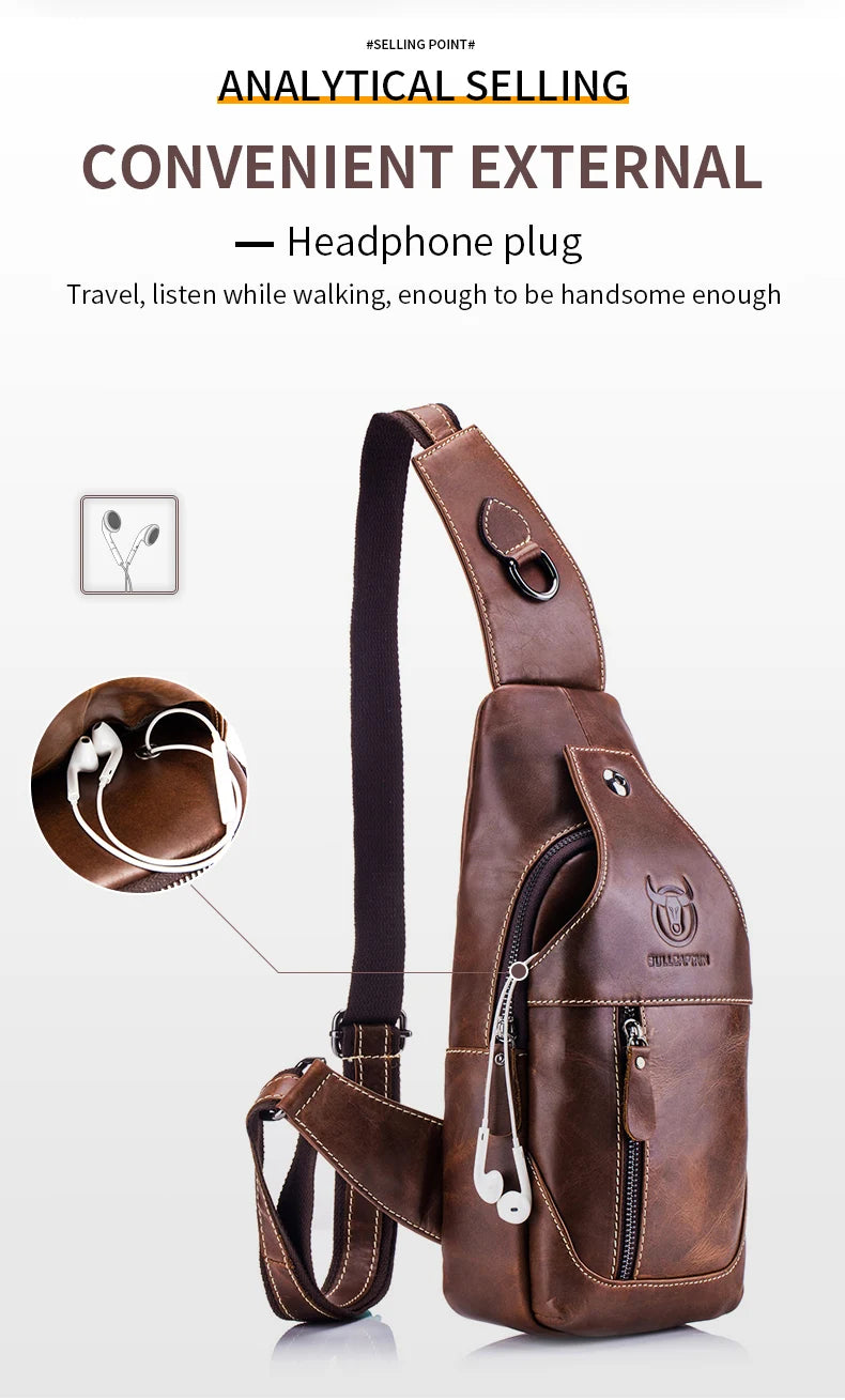 BULLCAPTAIN Sacos De Mensageiro De Couro Saco Casual Dos Homens Para Homens Saco De Peito Marca Designer Multi-Função Fone De Ouvido Jack Pacote De Peito