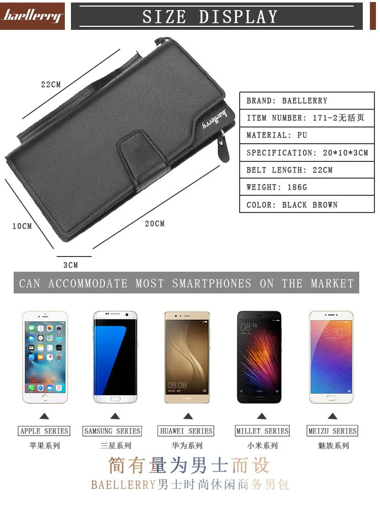 Baellery carteiras masculinas estilo longo titular do cartão de alta qualidade masculino bolsa com zíper grande capacidade marca carteira de couro do plutônio para homem