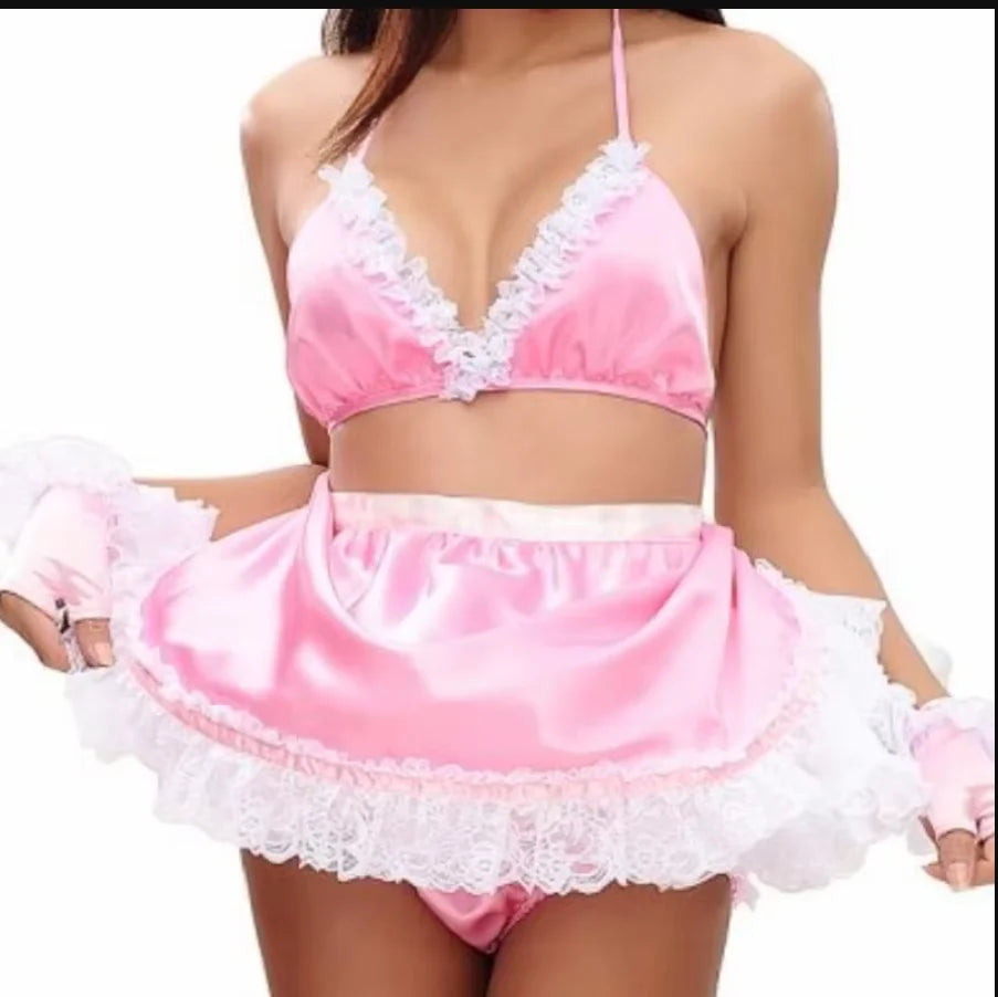 Multicolorido moda adulto sexy menina rosa cetim cinta superior sissy vestido forro role play menina maquiagem bola empregada personalização